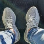Yeezy 350 V2 Blue Tint on feet, photo by Reddit user u/SessionGlad9553