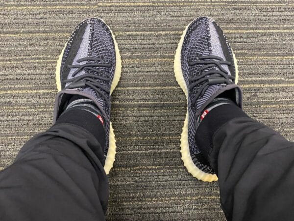 Yeezy 350 V2 Carbon on feet, photo by Reddit user u/michen3