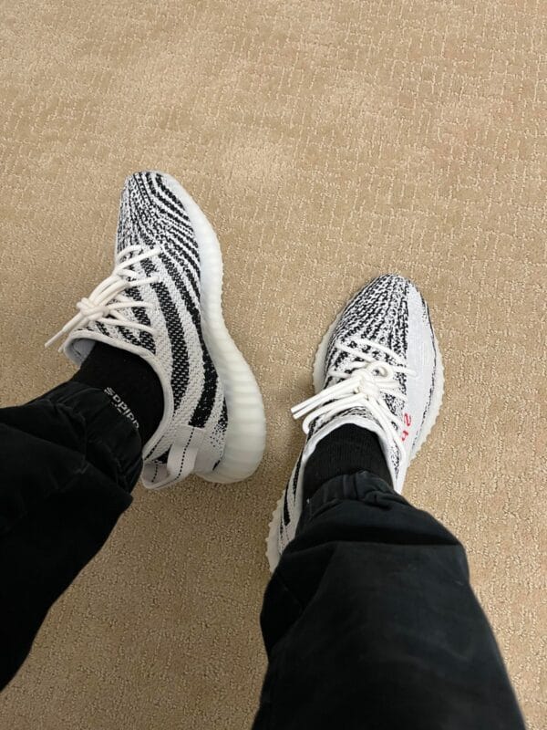 Yeezy 350 V2 Zebra on feet, photo by Reddit user u/Cachors