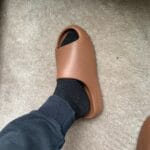 Yeezy Slide Flax on feet, photo by Reddit user u/Accurate_Ad6078