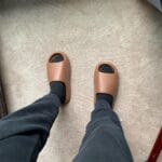 Yeezy Slide Flax on feet, photo by Reddit user u/Accurate_Ad6078