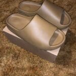 Yeezy Slide Ochre on feet, photo by Reddit user u/YNGxGB
